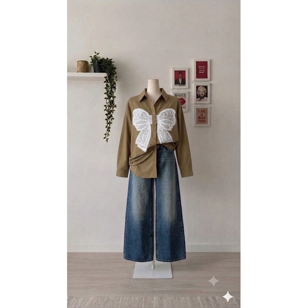 เสื้อเชิ้ตแขนยาวงานเย็บติดลายโบว์