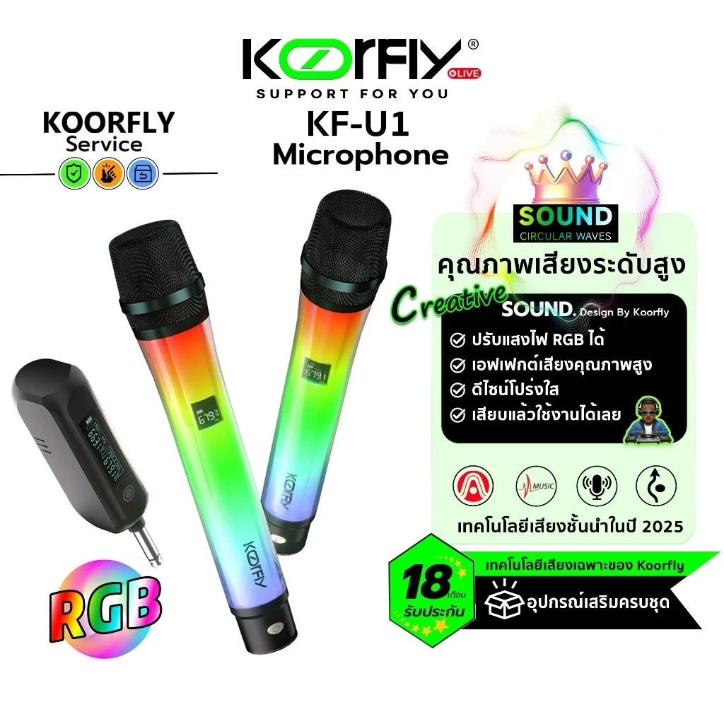 ไมค์ลอย คู่ ไมค์ไร้สาย KF-U1 ไมค์ลอย UHF ไมโครโฟนไร้สาย ไมโครโฟนไร้สายแบบชาร์จ ไมค์ลอยแบบพกพา สัญญาณ 2.4G ไฟสี RGB