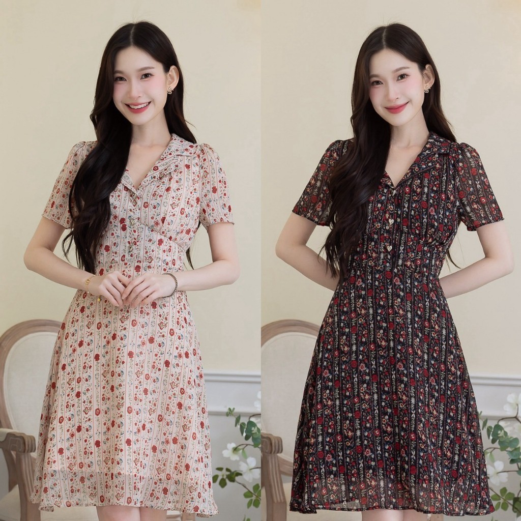 เดรส ALERT BRAND ลายดอกคอปก ลายสวย ลายดอกวินเทจแนวตั้ง ตัดสีดอกแดงสวยสะดุดตา แพทเทิร์นสวย ทรงเน้นพรางหุ่น