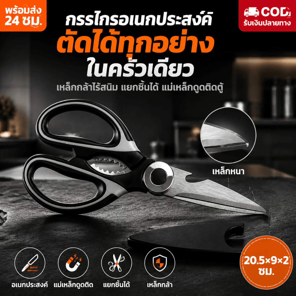 กรรไกรครัว ตัดไก่ ขอดเกล็ดปลา อเนกประสงค์ เหล็กสแตนเลสอย่างดี คม และทนทาน