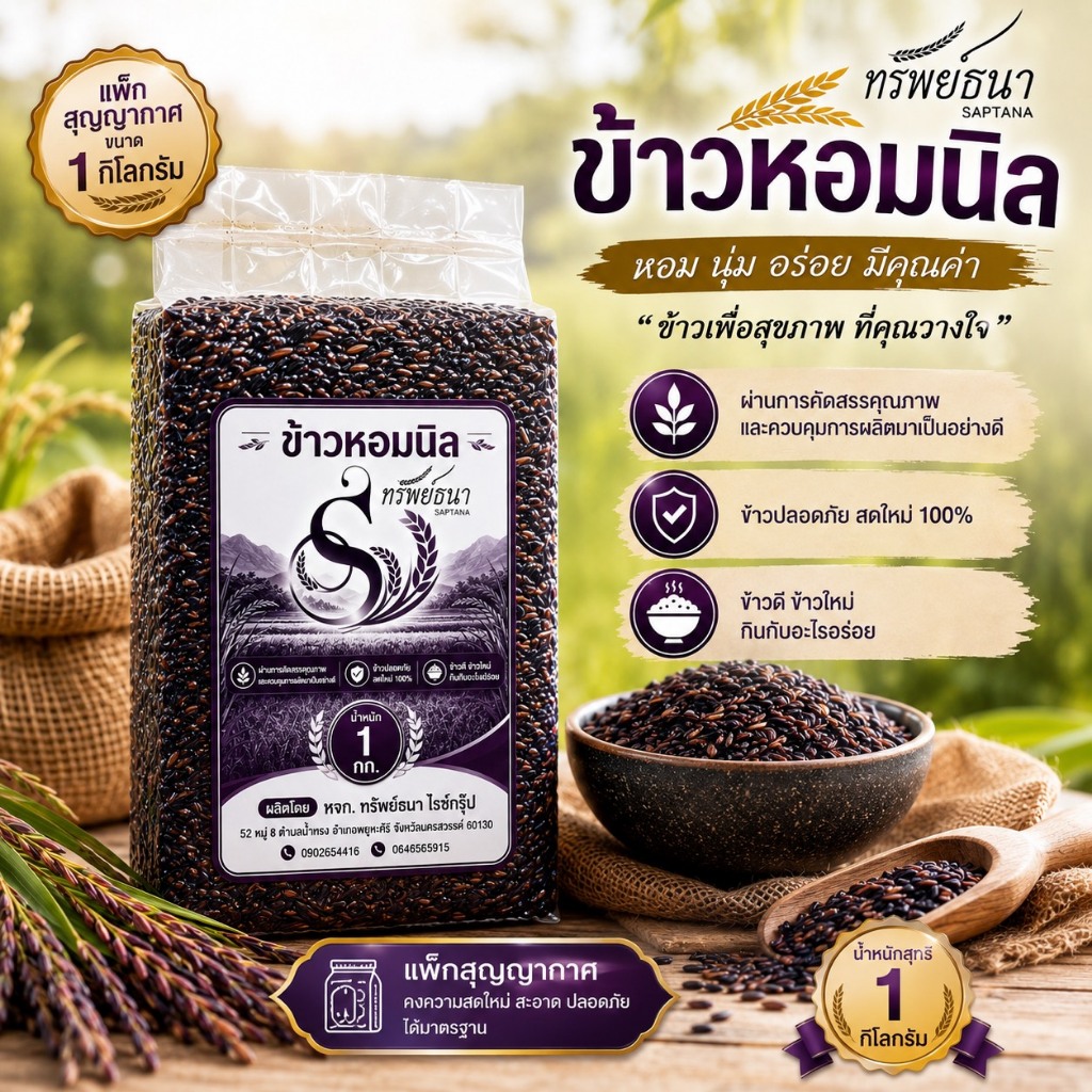 ข้าวหอมนิล แพคสุญญากาศ1กิโลกรัม ตราทรัพย์ธนา