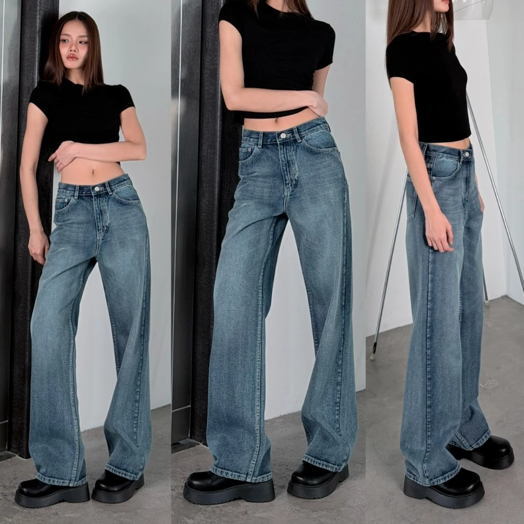 ยีนส์ Nammon Jeans NM20 กางเกงยีนส์กระบอกใหญ่เรียบเทาหม่น รุ่น Buddy honey brown - ผ้าไม่ยืด