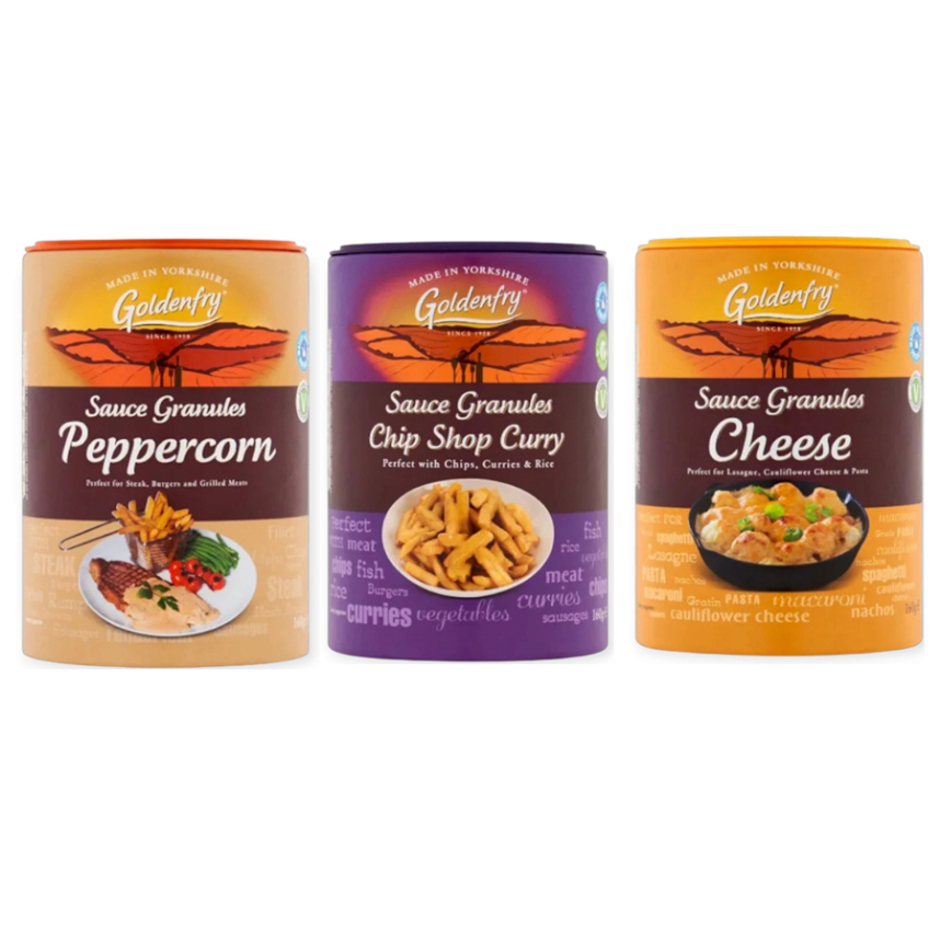 ซอสผง ตราโกลเด้นไฟร Goldenfry Sauce Granules 160g ผงทำซอสสำเร็จรูป (ซอสชีส / ซอสแกงกะหรี่ / ซอสพริกไทยดำ)นำเข้า UK