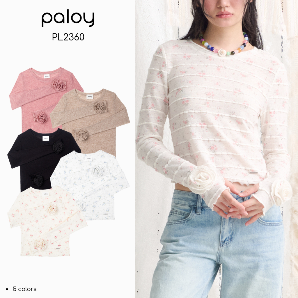 [Best Seller] Paloy - PL2360 Camellia Top เสื้อดอกคามิเลีย เสื้อแขนยาว ทรงเข้ารูป ปลายแขนแต่งดอกคามิเลีย