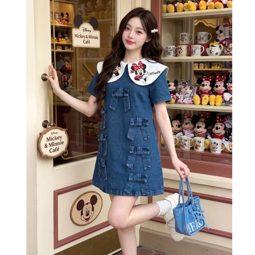 (มีถึง3XL) ยีนส์ Total Denim Dress เดรสทรงปล่อยผ้ายีนส์ ดีเทลโบว์ด้านหน้า ปกกะลาสีงานปักการ์ตูน แขนสั้น ซิปหลัง