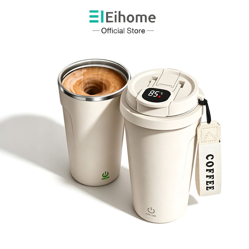 Eihome ถ้วยผสมอัตโนมัติ ถ้วยกาแฟไฟ USB ชาร์จได้ ระบบคนแม่เหล็ก 360° รู้ร้อนเย็นด้วยจอดิจิตอล