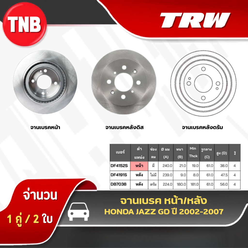 TRW จานเบรค Honda JAZZ GD GK CITY Gen 7 Turbo MOBILIO จานเบรก ฮอนด้า ซิตี้ แจ๊ส ดิสเบรค