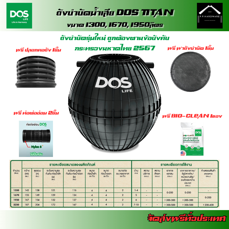 DOS ถังบำบัดน้ำเสีย DOS TITAN ขนาด 1300, 1670, 1950, 3250ลิตร แถมฟรี! ข้อต่อFlex ปลอกคอถัง ฝาถัง หัวเชื้อจุลินทรีย์