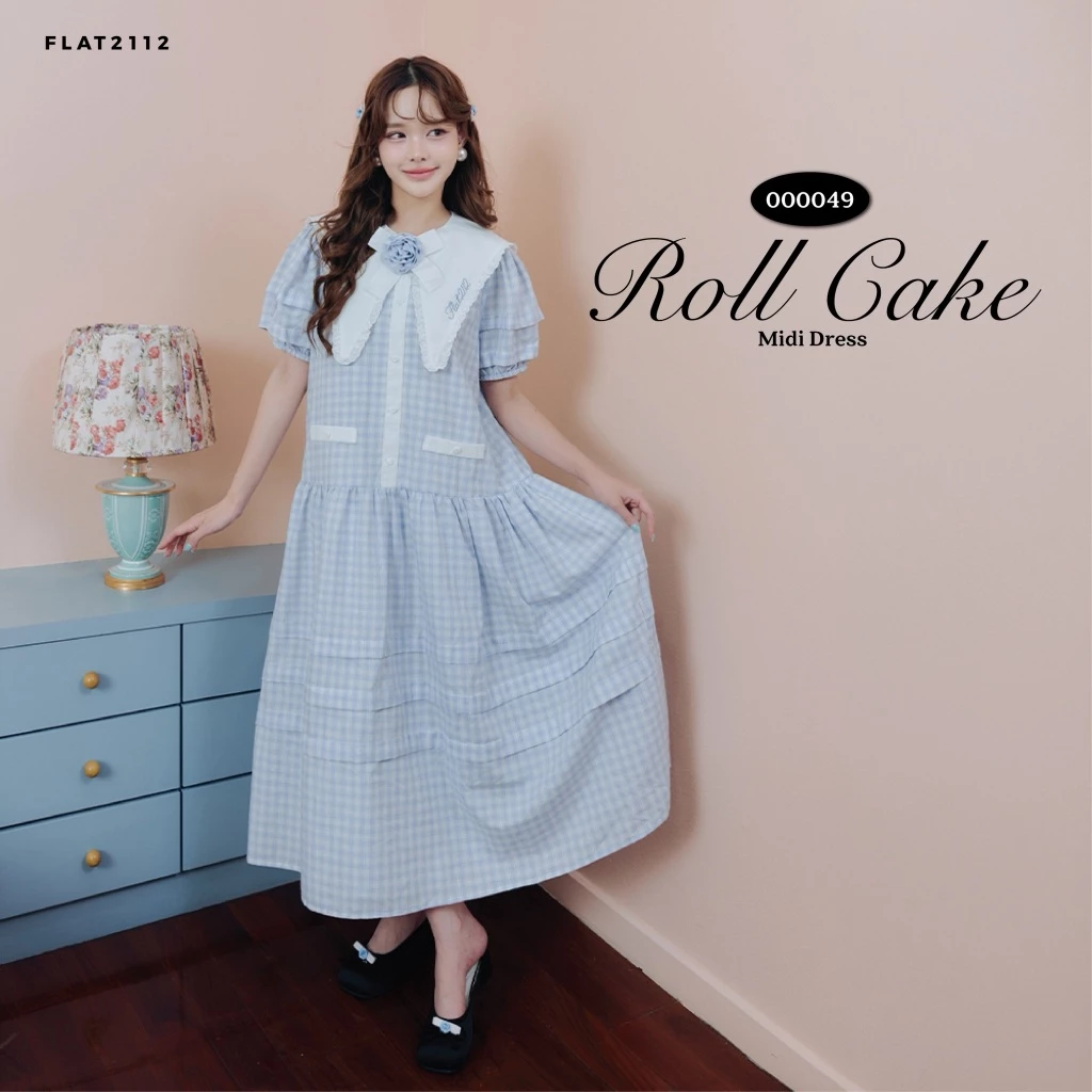 FLAT2112 : ROLL CAKE MAXI DRESS เดรสยาวแม็กซี่ลายสก็อตสีฟ้าพาสเทลสุดละมุน,เดรสเรียบหรูดูแพง, เดรสหวานๆ (000049)
