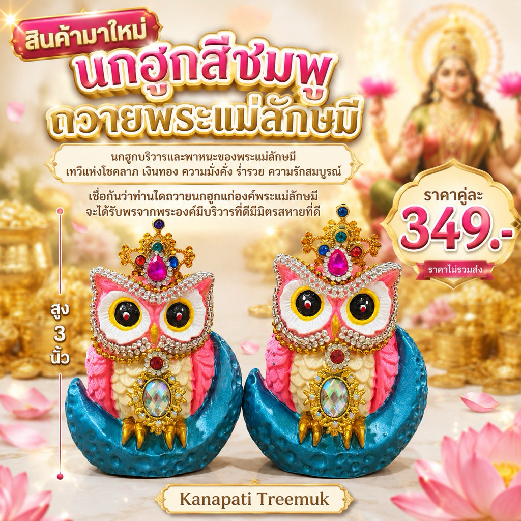 นกฮูกสีชมพูถวายพระแม่ลักษมี ประดับพลอย สูง 3 นิ้ว