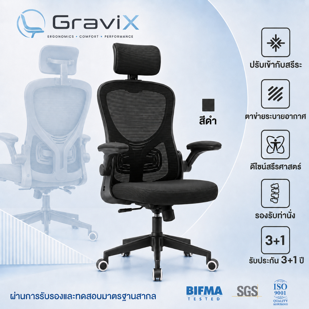 𝐆𝐫𝐚𝐯𝐢𝐗 รองรับเอวระยะคงที่ เก้าอี้สุขภาพ ergonomic chair เบาะใยระบายความร้อน พนักพิงศีรษะปรับ2ทิศทาง เก้าอี้สำนักงาน