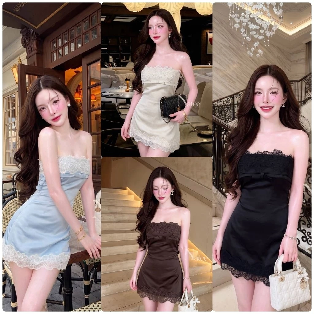 Natee Dress เดรสเกาะอกสีไอวอรี่ ที่ตัดเย็บจากผ้าซาตินเนื้อเงา ตกแต่งด้วยผ้าลูกไม้ฉลุลายดอกไม้