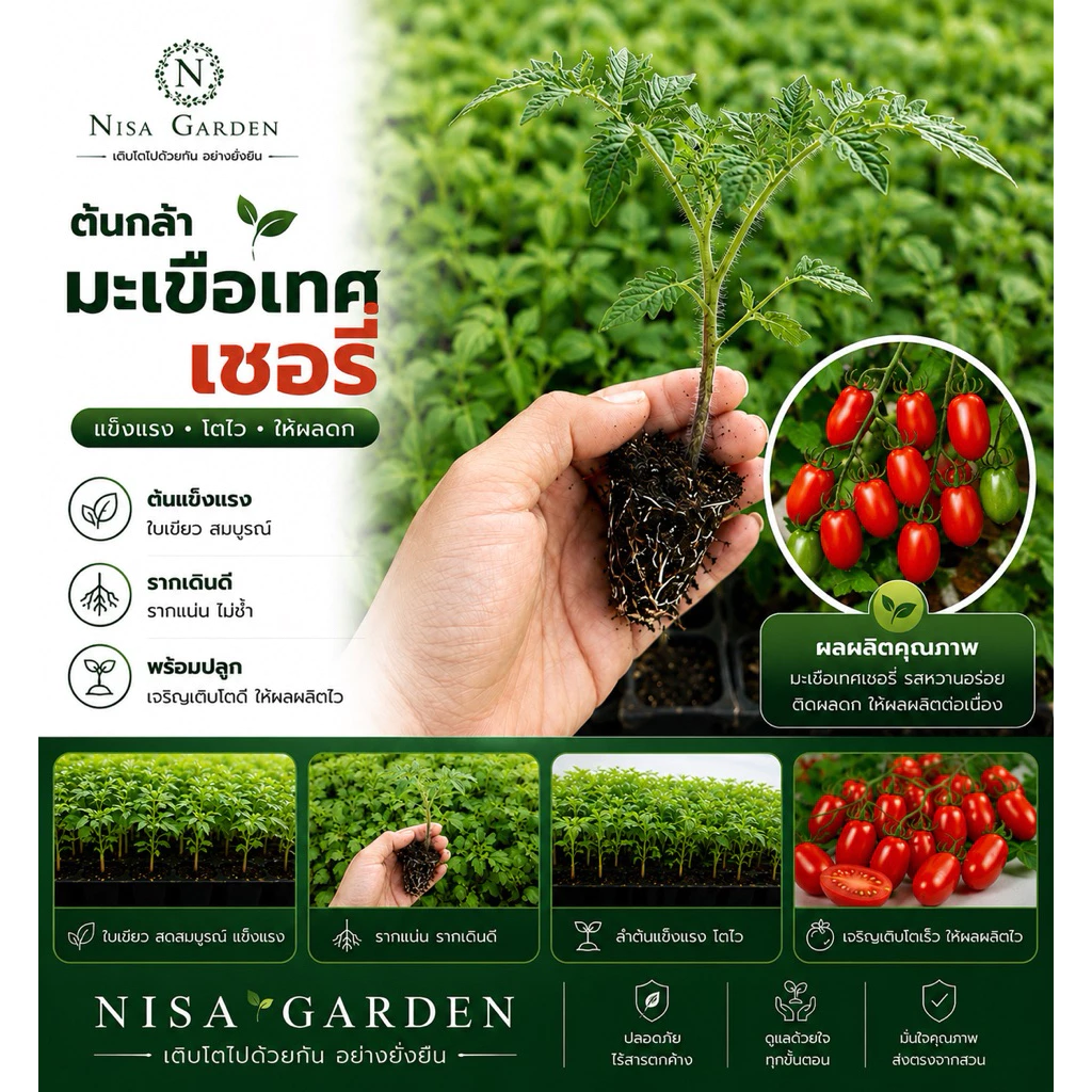 Nisa Garden ต้นกล้ามะเขือเทศ เชอรี่ ทานสด รากแข็งแรง โตเร็ว 🔥(ซื้อ 10 แถมฟรี 2)🔥
