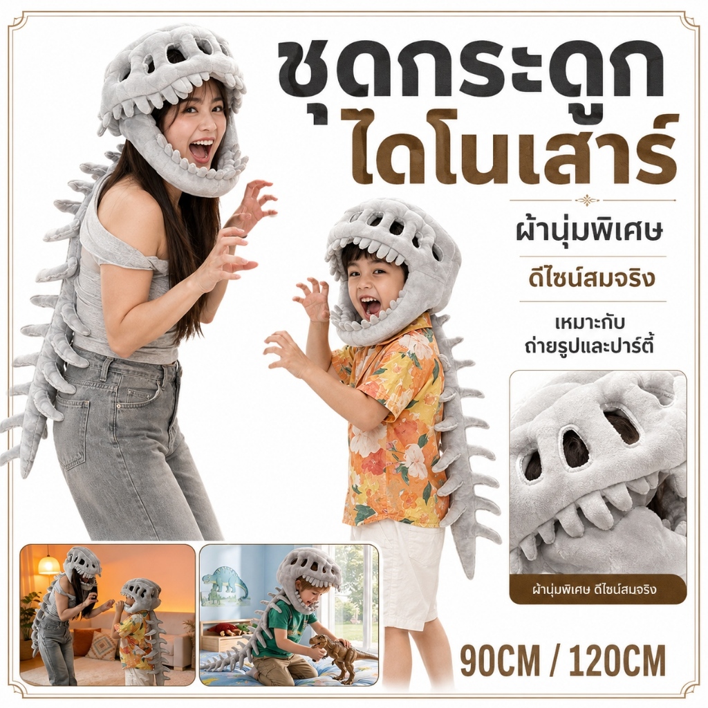 หมวกไดโนเสาร์โครงกระดูก！ใส่ได้ทั้งผู้ใหญ่และเด็ก 90/120cm ใส่ถ่ายรูปแล้วปังมาก หมวกแฟนซี