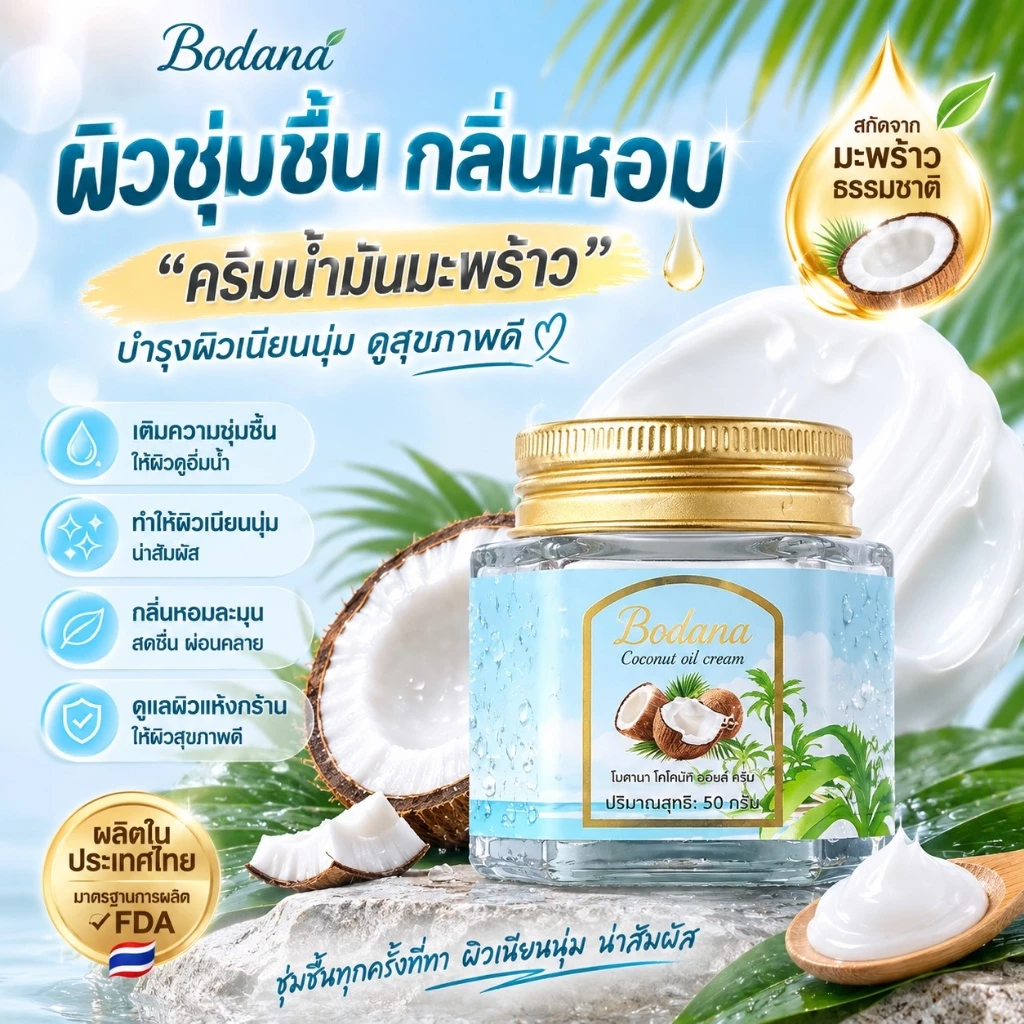 【ซื้อ 1 แถม 1】BODANA บาล์มน้ำมันมะพร้าว 50g เติมความชุ่มชื้น บำรุงผิวแห้งแตก ผิวนุ่ม อเนกประสงค์ ใช้ได้ทั้งหน้า มือ เท้า