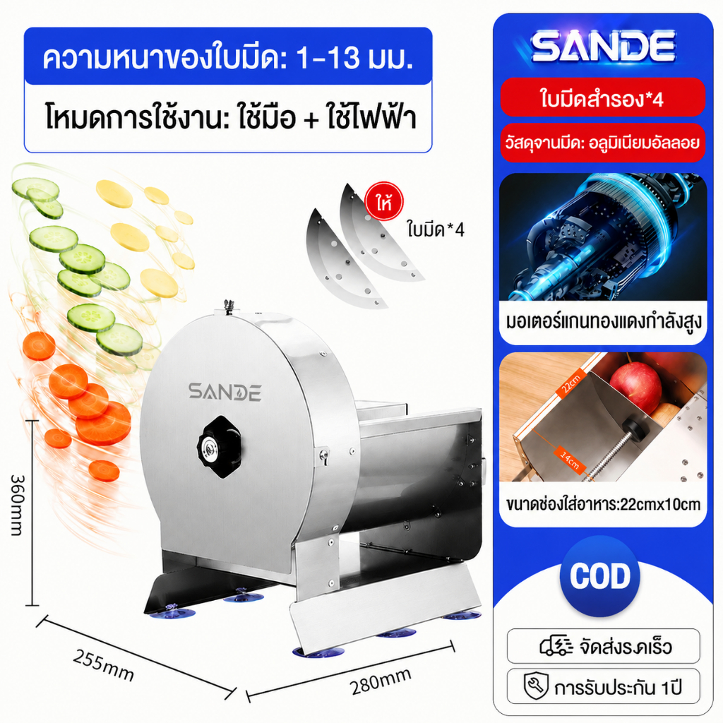 SANDE เครื่องหั่น สไลด์ผัก ผลไม้ ใบมีดปรับความหนา-บางได้ช่วยทำให้รวดเร็วยิ่งขึ้นด้วยเครื่องทำงานระบบมือหมุนและไฟฟ้า