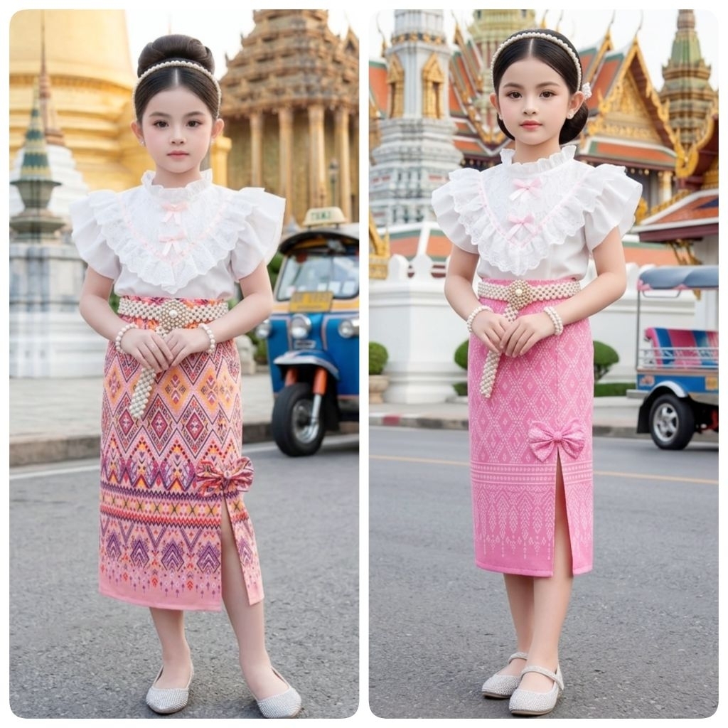 ชุดไทยเด็ก เสื้อแขนระบายแต่งลูกไม้ริบบิ้นโบว์คู่ ผ้าถุงผ่าข้างแต่งโบว์**ไม่รวมเครื่องประดับ**