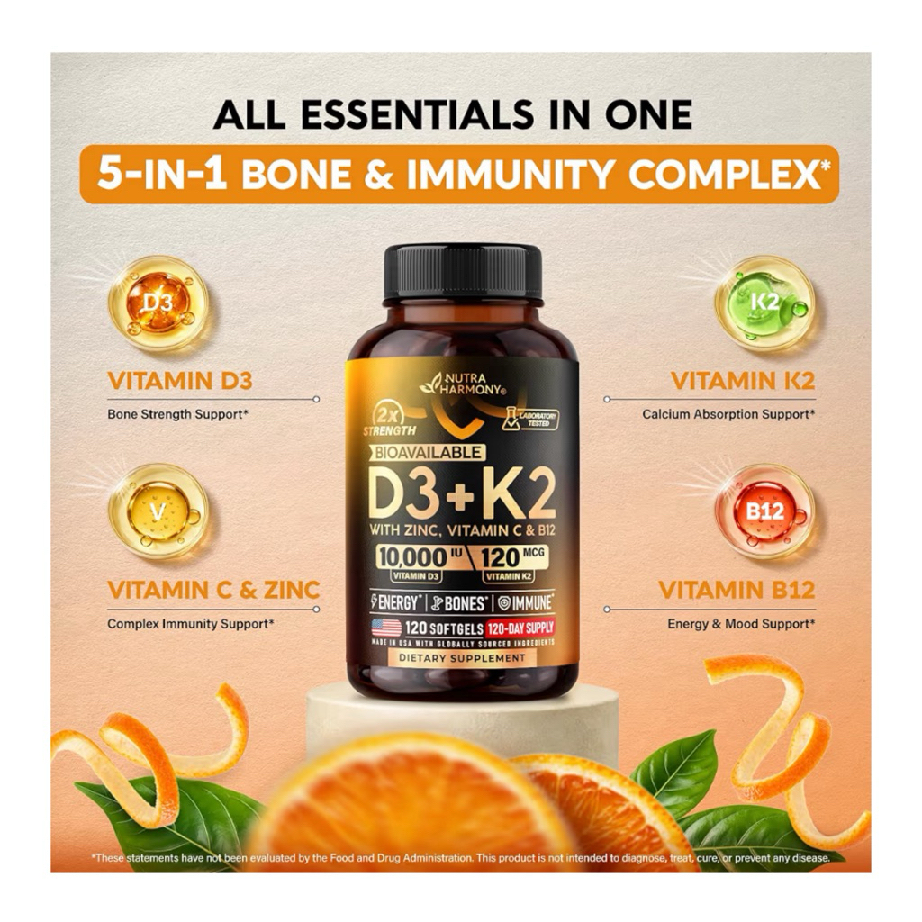 [ NUTRA HARMONY ]❇️ D3 + K2 WITH ZINC , VITAMIN C & B12 ( 120 SOFTGELS  )