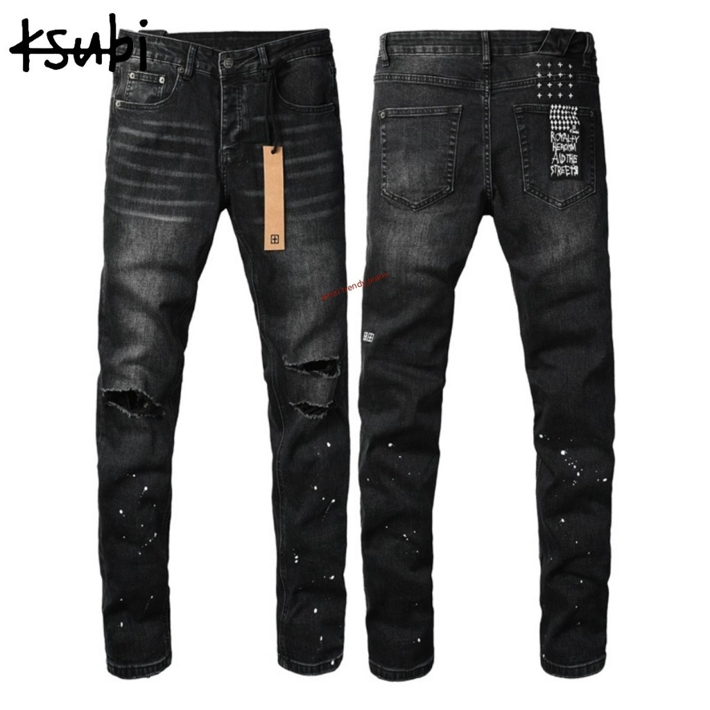 Ksubi กางเกงยีนส์สีดำขาดๆ สำหรับผู้ชาย กางเกงขายาวทรงเข้ารูปที่ทนทาน 3051