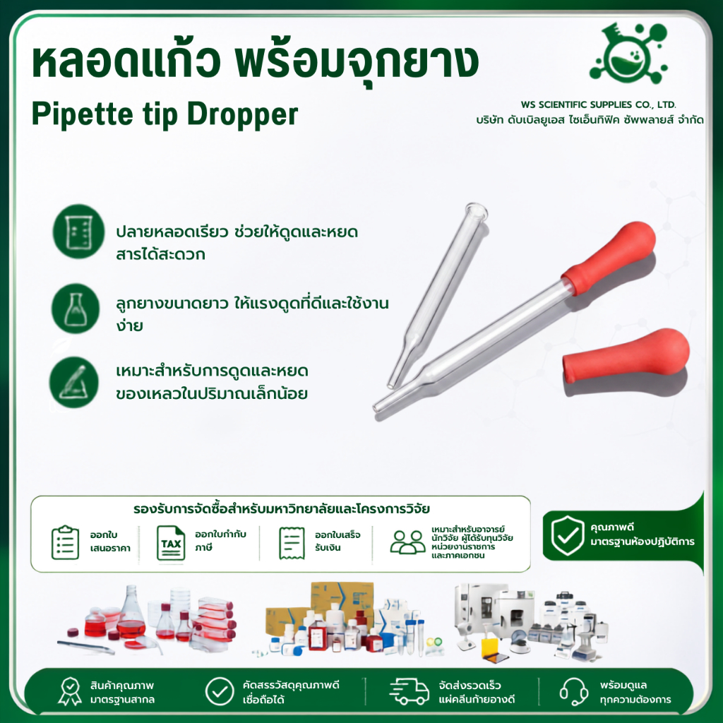 หลอดแก้ว พร้อมจุกยาง Pipette tip Dropper