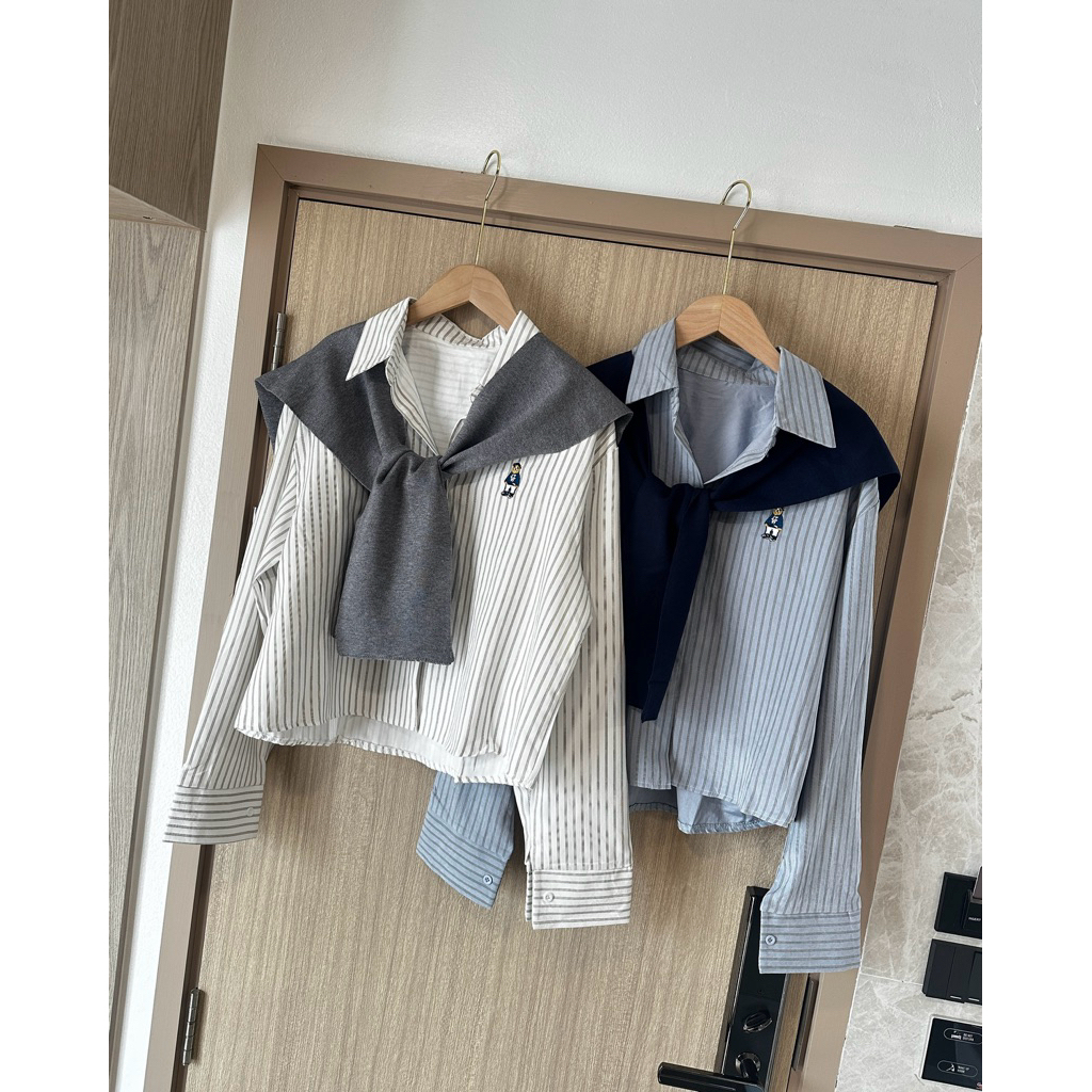 Seeingstudio | ELLE SHIRT เชิ้ตลายริ้ว+ผ้าผูกไหล่