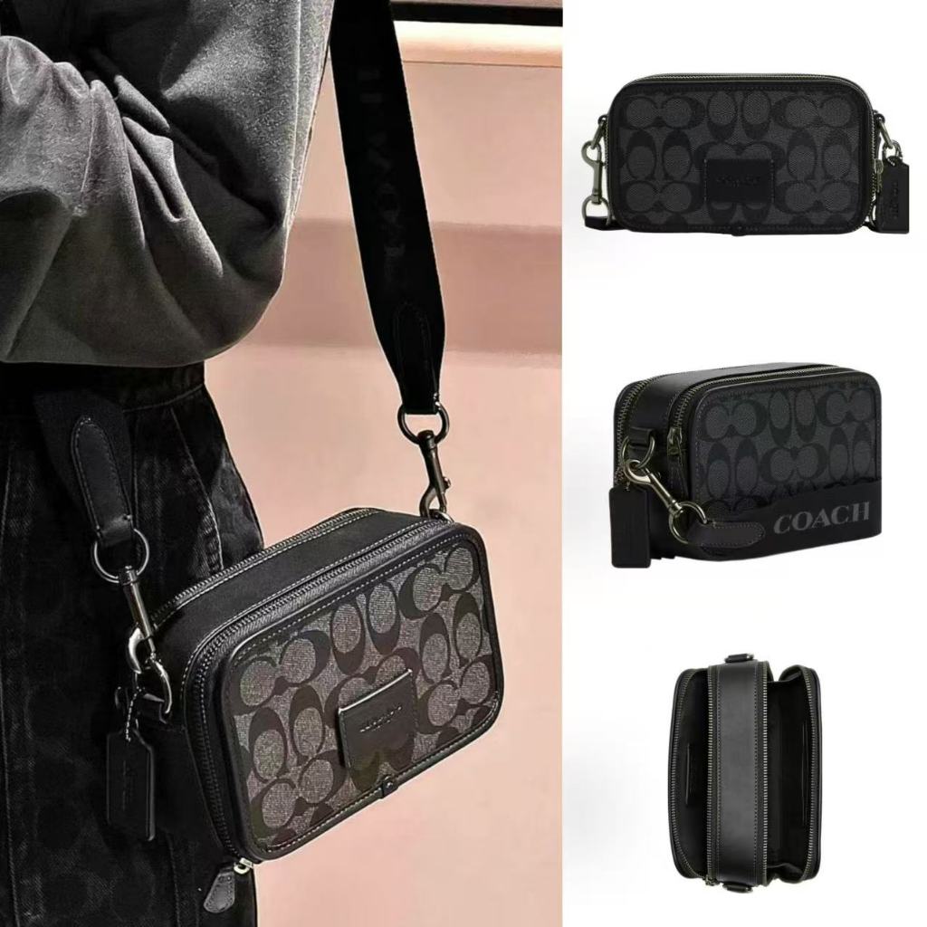 กระเป๋าครอสบอดี้ COACHH Wyatt 19 ทำจากผ้าแคนวาสเคลือบ มีซิปปิด และหนังลูกวัวเรียบ