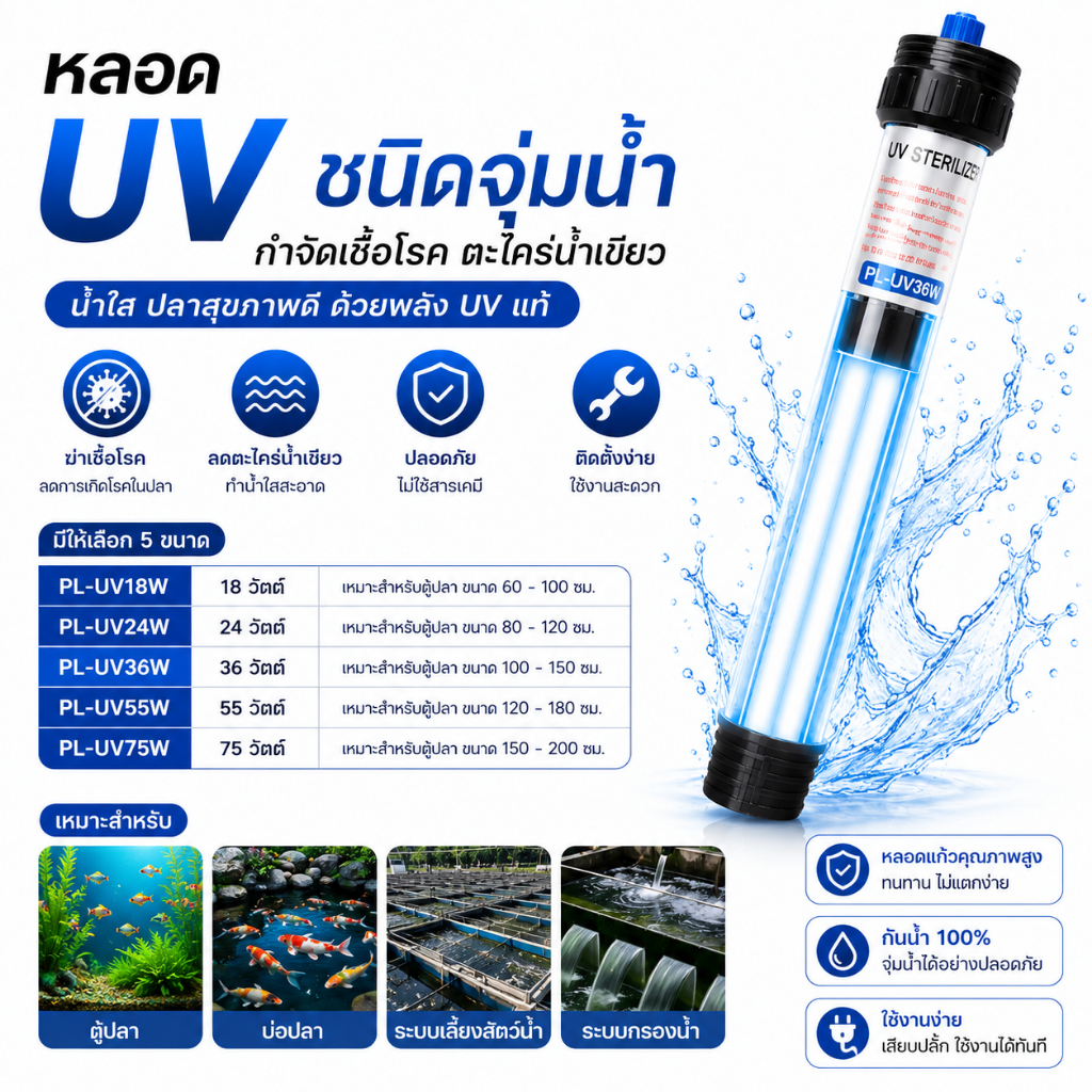 PL-UV หลอด UV ชนิดจุ่มน้ำ กำจัดเชื้อโรค ตะไคร่น้ำเขียว ช่วยทำให้น้ำใส (18w ,24w ,36w ,55w ,75w)