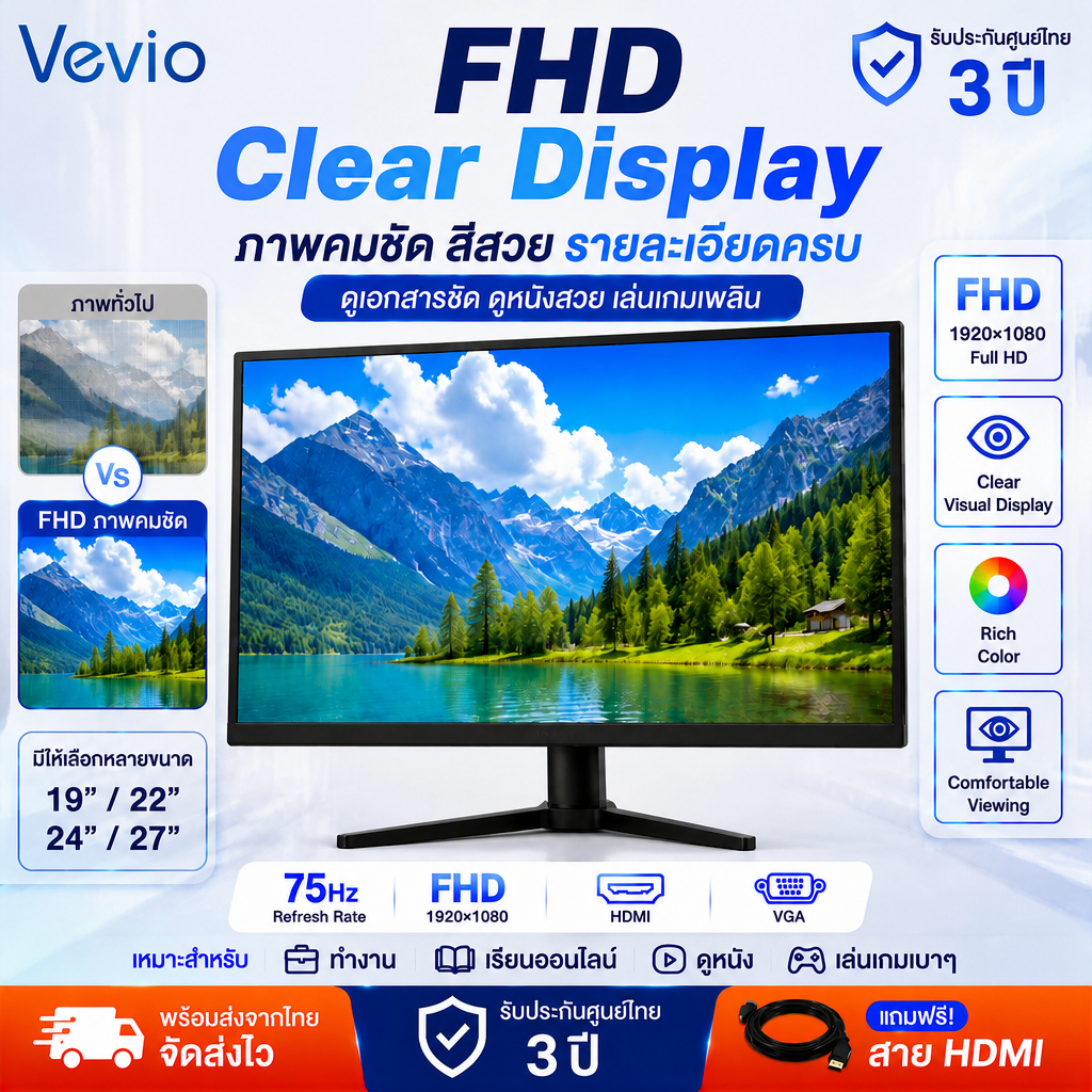 จอคอม จอคอมพิวเตอร์ Monitor จอมอนิเตอร์ 19 22 24 27 นิ้ว FHD 75Hz HDMI VGA พร้อมส่ง รับประกัน