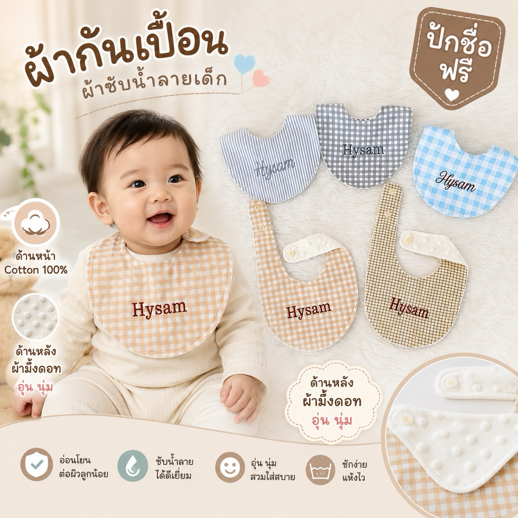 ผ้ากันเปื้อน ผ้าซับน้ำลาย ฟรีปักชื่อ เนื้อผ้านิ่มมาก