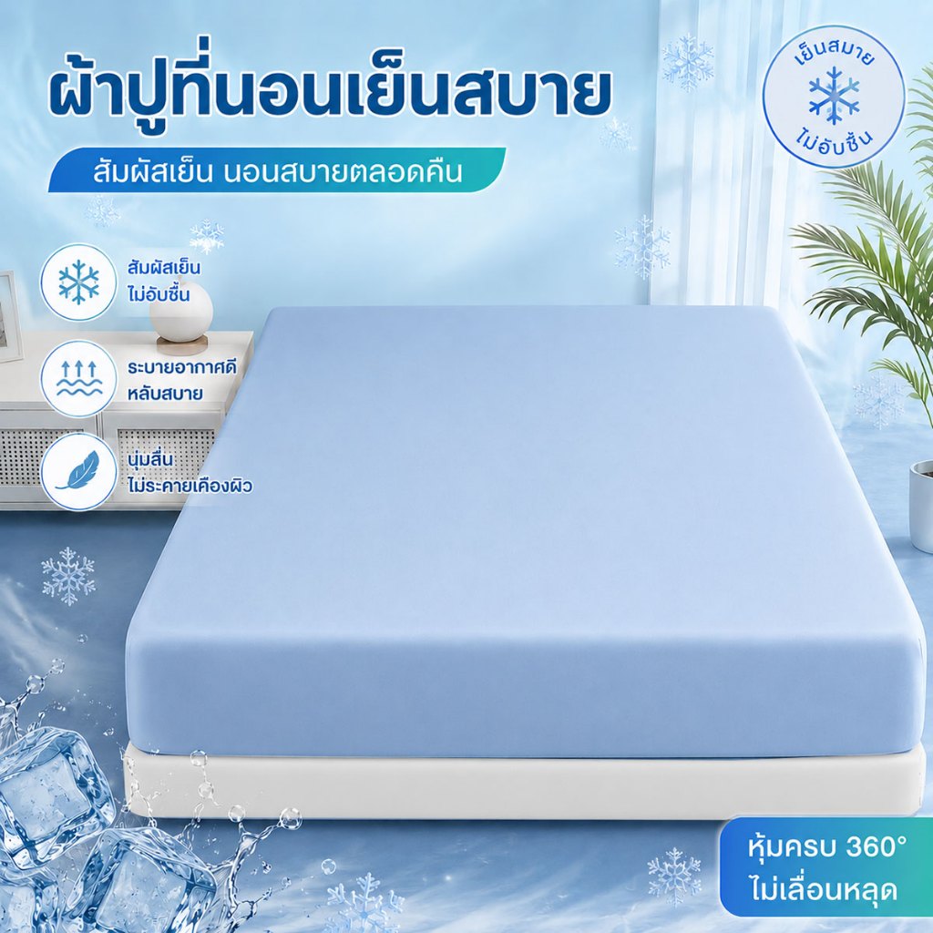 ผ้าปูที่นอนเย็น ผ้าปูที่นอนลมเย็น 3/3.5/4/5/6ฟุต นุ่มลื่น ป้องกันไรฝุ่น 360 องศาโดยไม่ต้องขยับ พร้อมส่ง