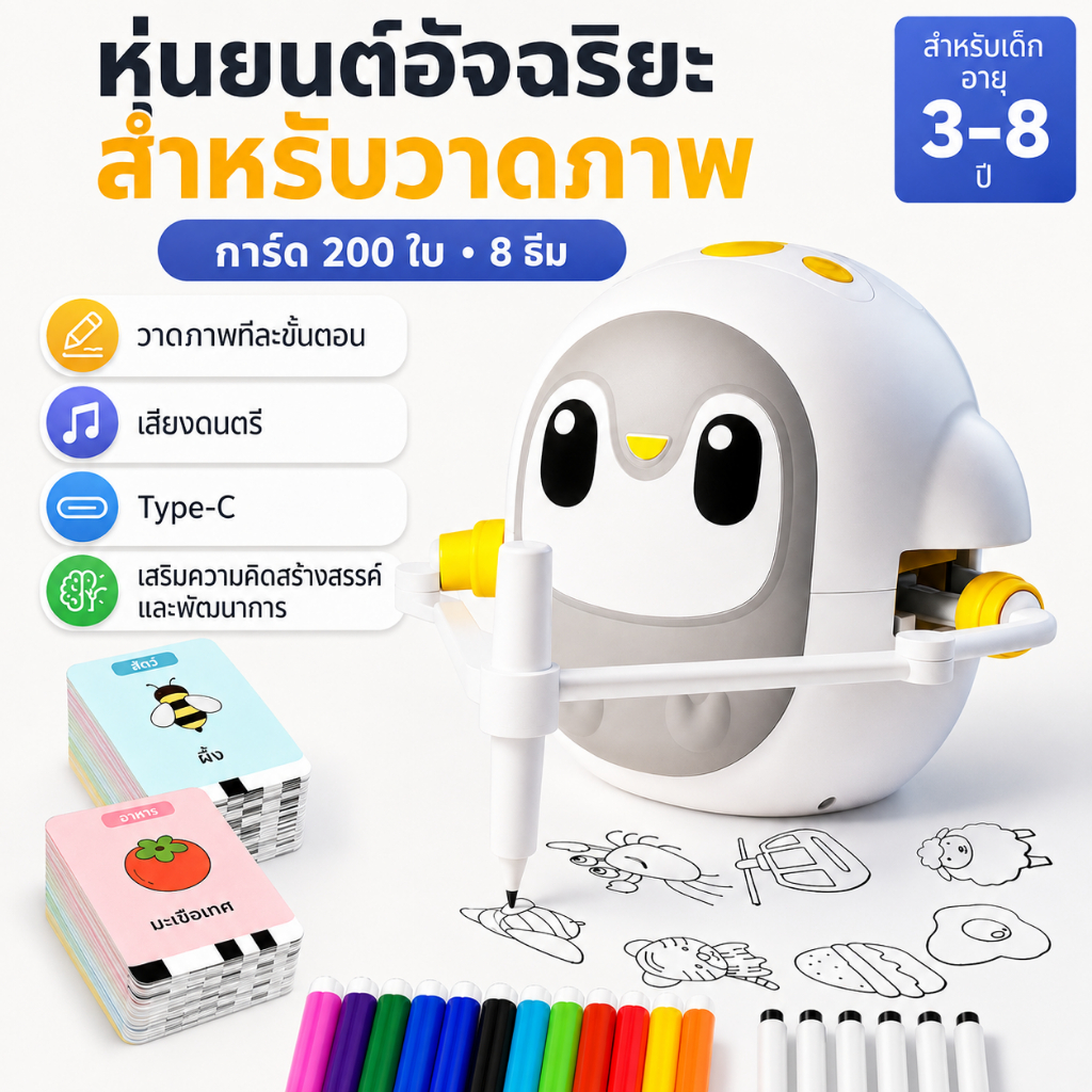 หุ่นยนต์วาดรูปอัจฉริยะสำหรับเด็ก 3-8 ปี การ์ด 200 ใบ 8 ธีม ของเล่นเสริมพัฒนาการ ชาร์จ Type-C