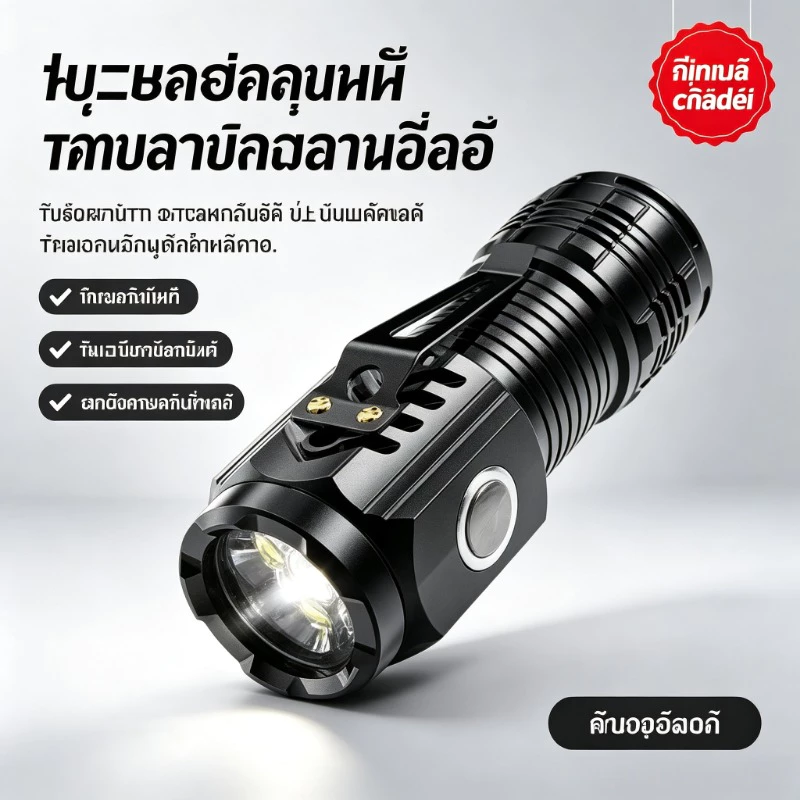 ไฟฉายความเข้มสูงพกพา ชาร์จไฟได้ กันน้ำ แบตเตอรี่ขนาดใหญ่ สำหรับกลางแจ้งตั้งแคมป์ฉุกเฉิน พร้อมส่งในไทย LED Flashlight