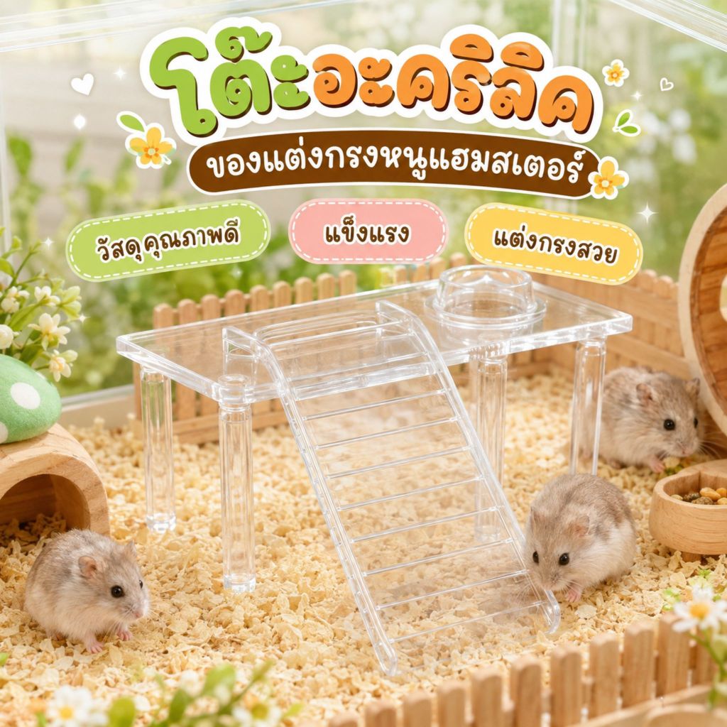 ของแต่งกรงหนูแฮมสเตอร์ ดอร์เมาส์ ชุดโต๊ะอะคริลิคใส มินิมอล พร้อมถ้วยอาหาร ของเล่นสัตว์เล็ก