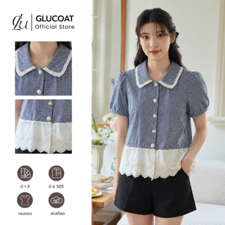 Glucoat | [A317] เสื้อลายสก็อตสีกรม คอปกแต่งฉลุ ชายแต่งระบายเทปฉลุสีครีม แขนสม็อก กระดุมดอกไม้ใช้งานได้จริง
