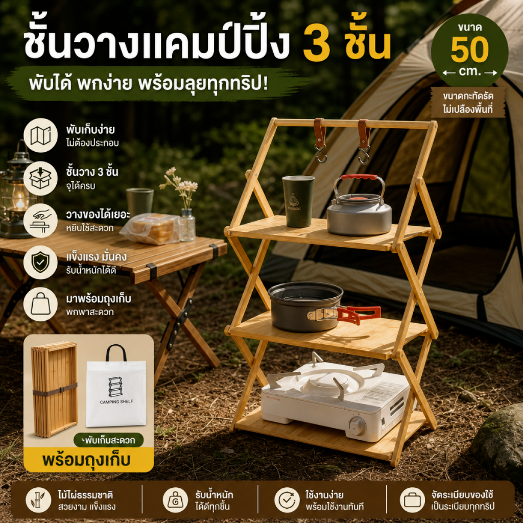 ชั้นวางแคมป์ปิ้งไม้ไผ่ 50cm พับเก็บได้ ประกอบเสร็จพร้อมใช้ มีถุงใส่ อุปกรณ์จัดระเบียบของระหว่างตั้งแคมป์