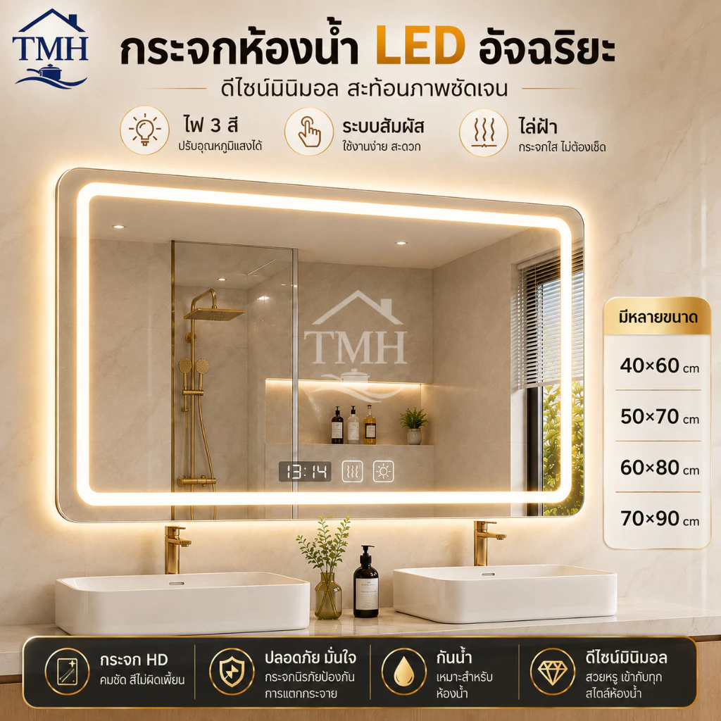 กระจกห้องน้ำ LED กระจกมีไฟ 3 สี ระบบสัมผัส ปรับความสว่างได้แบบไร้ระดับ ติดผนัง ทรงสี่เหลี่ยมผืนผ้า