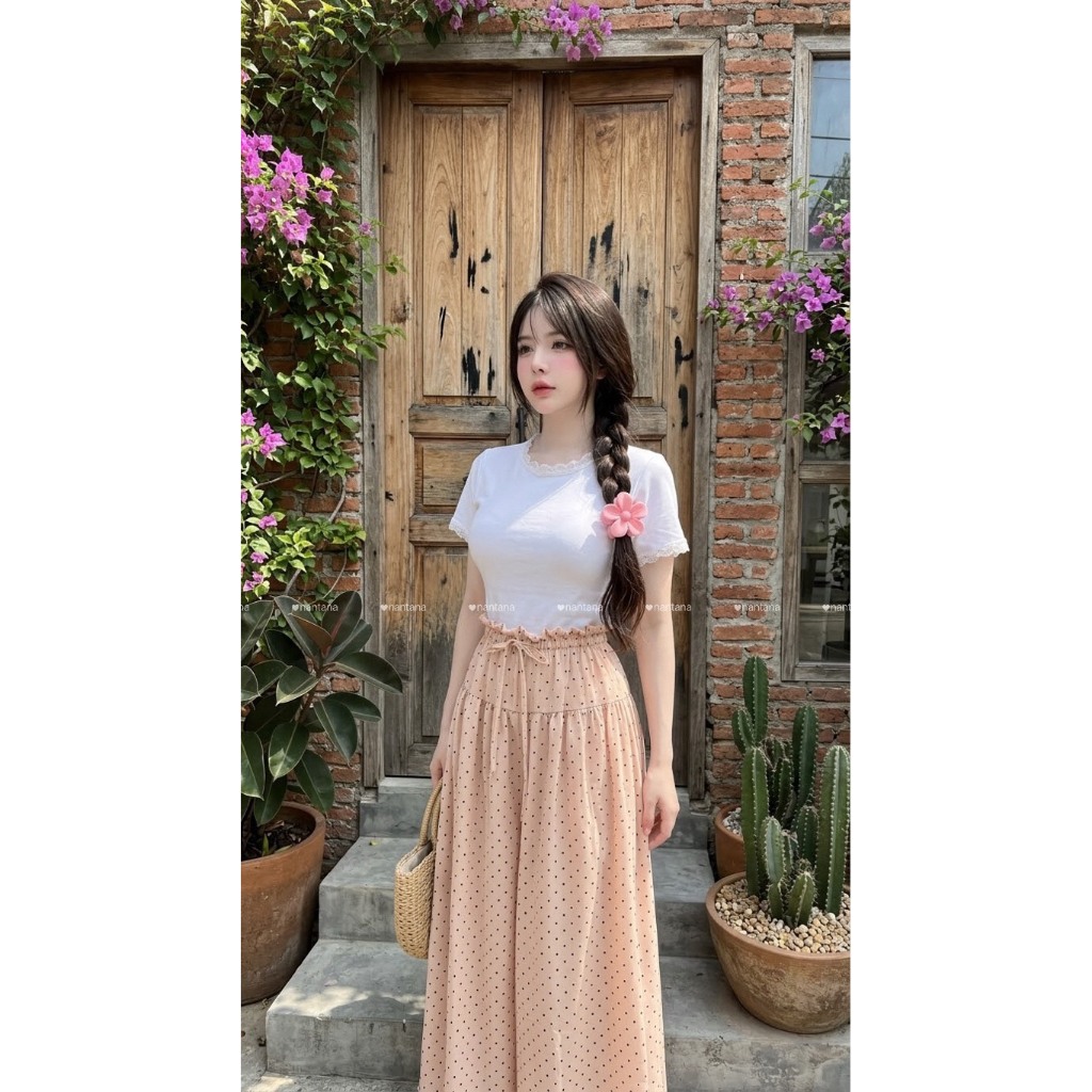 #Nantana Set เสื้อยืดแต่งลูกไม้+กางเกงกระโปรงขากว้าง แมทตัวปังมาให้อีกแย้ววว