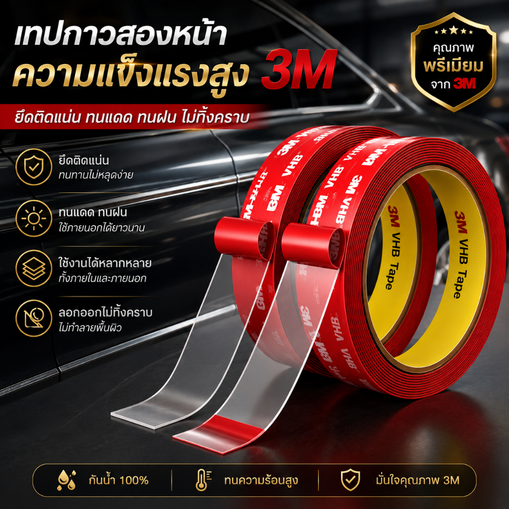 เทปกาวสองหน้าแบบฟองน้ำ 3M สูตร VHB กันน้ำ ไม่ทิ้งคราบ กาวเหนียวแน่นสูง เหมาะสำหรับใช้ในรถยนต์และติดผนัง