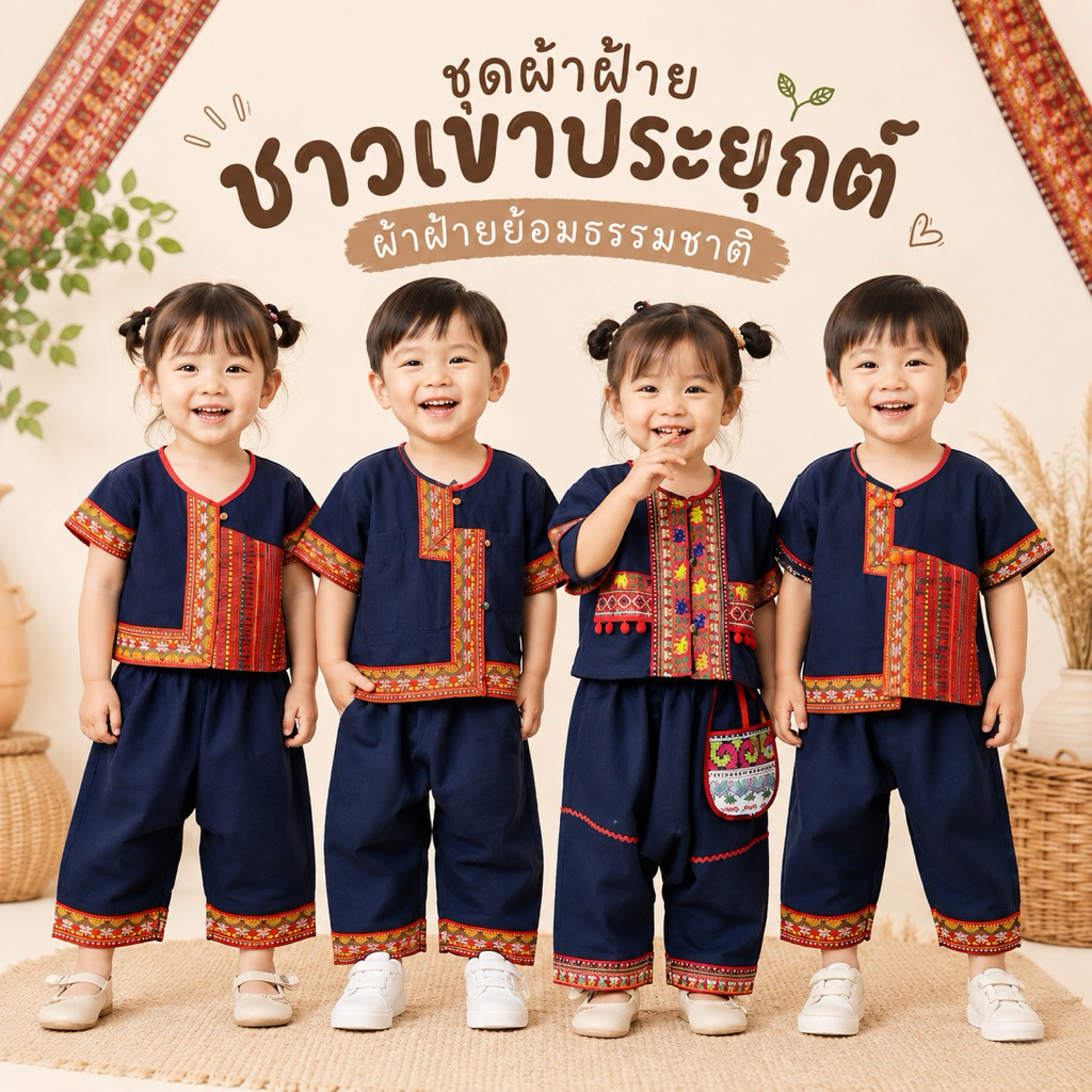 ชุดพื้นเมือง ผ้าฝ้ายเด็กดอยประยุกต์สีกรมท่า เนื้อผ้าใส่สบายไม่ร้อน น่ารักมากค่ะ
