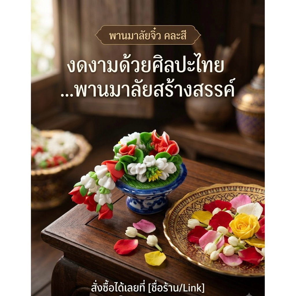 พานมาลัย ชบาแดง ถวายพระพิฆเนศ แจกันชบาแดง