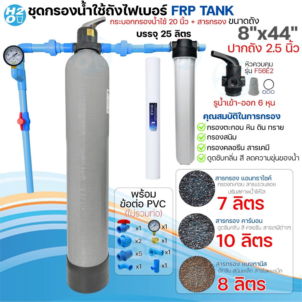 ชุดถังกรองน้ำใช้ ถังกรองไฟเบอร์ FRP 8x44" 1ถัง + กระบอกกรองน้ำ 20นิ้ว พร้อมอุปกรณ์+สารกรองน้ำ กรองน้ำประปา น้ำบาดาล รูปที่ 6