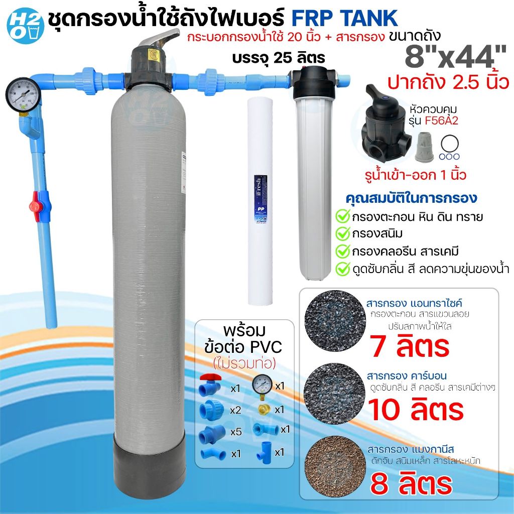 ชุดถังกรองน้ำใช้ ถังกรองไฟเบอร์ FRP 8x44" 1ถัง + กระบอกกรองน้ำ 20นิ้ว พร้อมอุปกรณ์+สารกรองน้ำ กรองน้ำประปา น้ำบาดาล รูปที่ 5