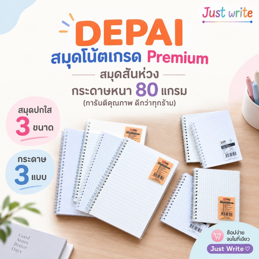 DEPAI สมุดโน้ตเกรด Premium สมุดสันห่วง กระดาษหนา 80 แกรม (การันตีคุณภาพ ดีกว่าทุกร้าน) สมุดปกใส 3 ขนาด กระดาษ 3 แบบ