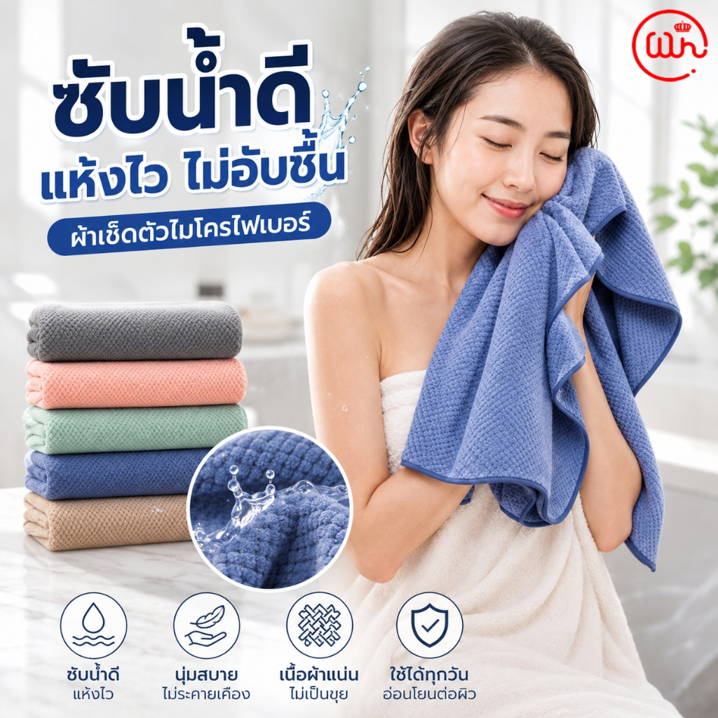 【ผ้าเช็ดตัว 2 ผืนสุดคุ้ม】70x140cm ผ้าขนหนูผืนใหญ่ ไมโครไฟเบอร์ นุ่มพิเศษ ซับน้ำไว แห้งเร็ว ไม่เป็นขุย สำหรับอาบน้ำ