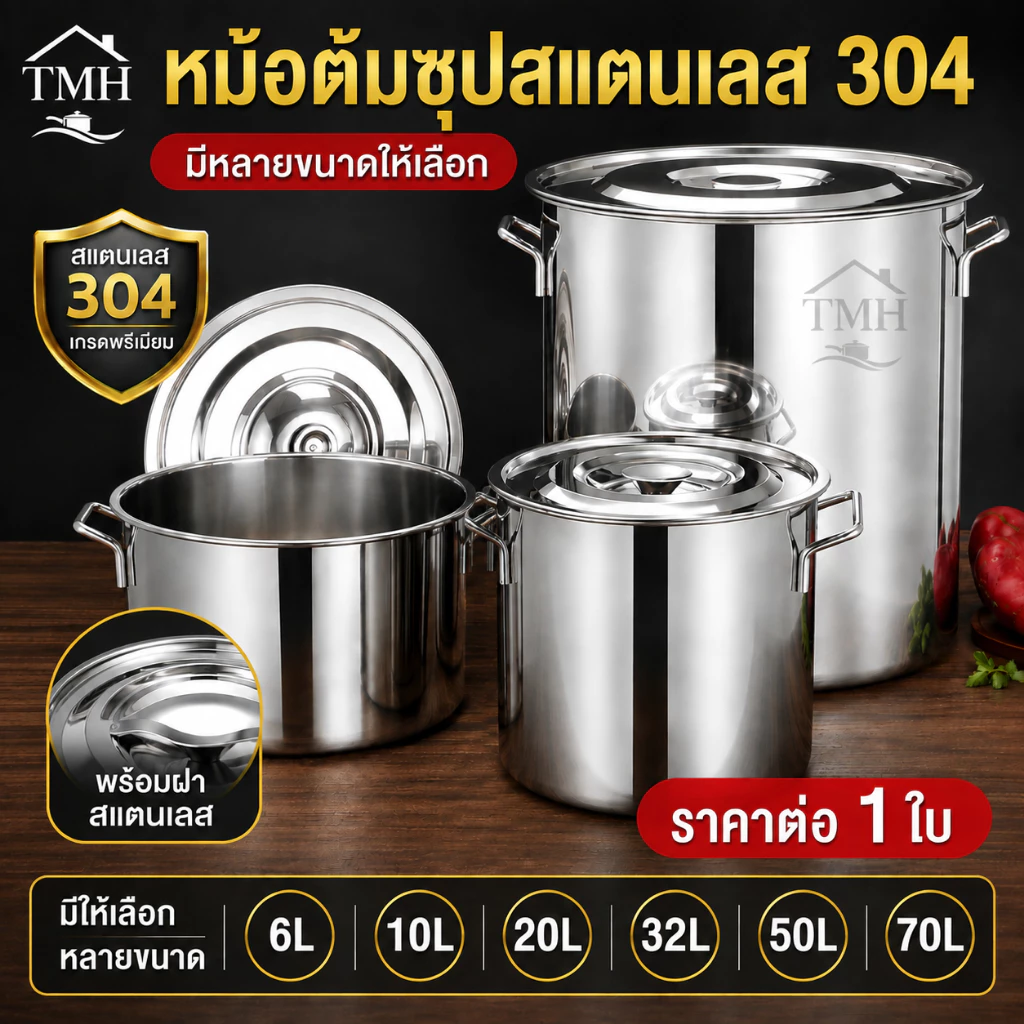 หม้อต้มน้ำซุปสแตนเลส 304 แบบหนาพิเศษ ทรงสูง ความจุใหญ่ พร้อมฝาปิด สำหรับร้านอาหารและโรงอาหาร