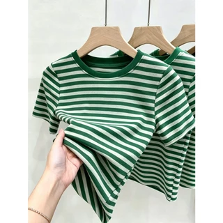 เสื้อยืดสีแดงลายทางสไตล์เกาหลี ผ้าคอตตอนคุณภาพดี ใส่สบายไม่ร้อน เหมาะใส่ทุกวัน