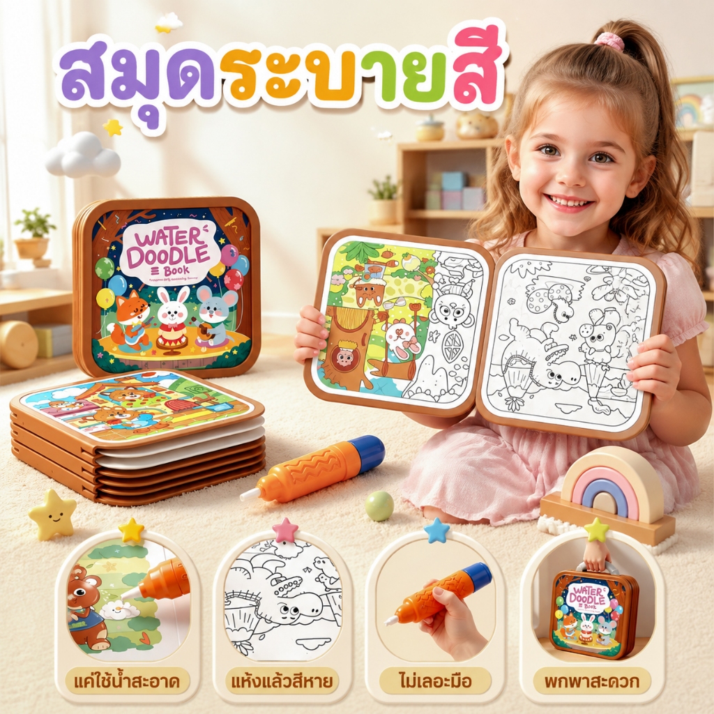หนังสือวาดน้ำมหัศจรรย์สำหรับเด็ก พร้อมปากกาน้ำ ระบายซ้ำได้ หนังสือวาดภาพเด็ก เสริมทักษะ ของเล่นเสริมพัฒนาการ