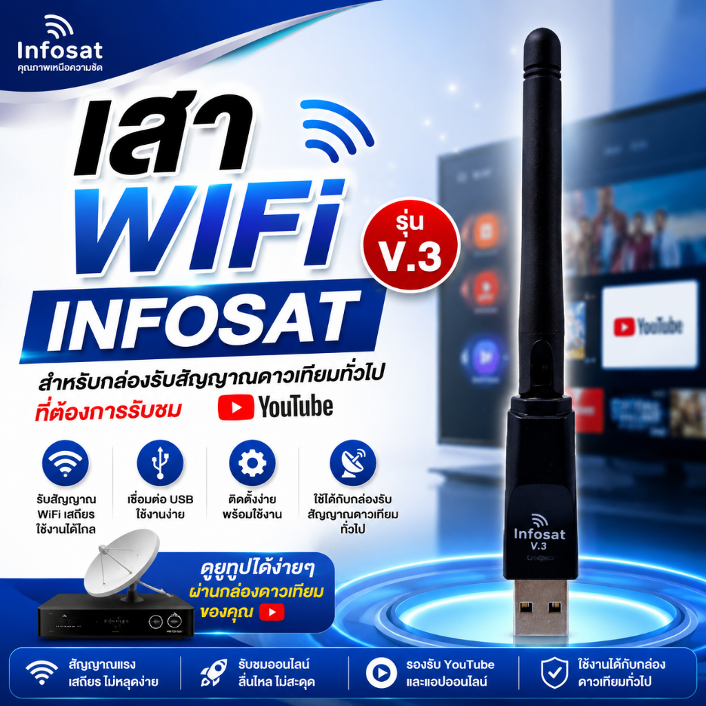 เสา WIFI INFOSAT รุ่น V.3 สำหรับกล่องรับสัญญาณดาวเทียมทั่วไปที่ต้องการรับชม Youtube