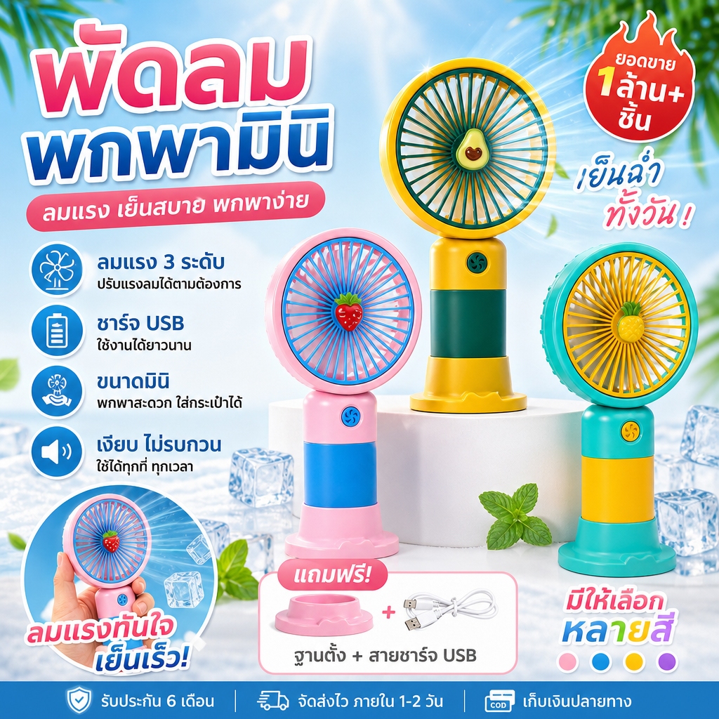 พัดลมพกพา พัดลมมินิ ชาร์จUSBได้ 3ระดับลม เงียบไม่รบกวน ขนาดเล็กพกง่าย น่ารักลายผลไม้ มีฐานตั้ง หลายสีให้เลือก