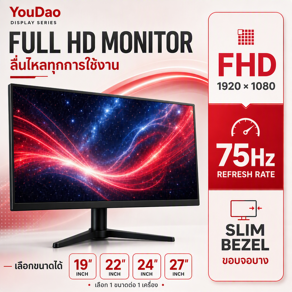 จอคอม จอคอมพิวเตอร์ Monitor FHD 1920x1080 75Hz ขอบบาง 19/22/24/27 นิ้ว สำหรับทำงาน ดูหนัง